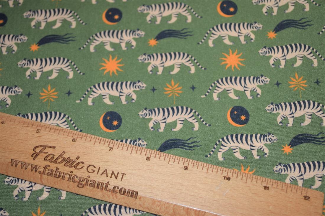 Green Little Johnny Boho Moon Tiger Cotton 100% Digital Fabric