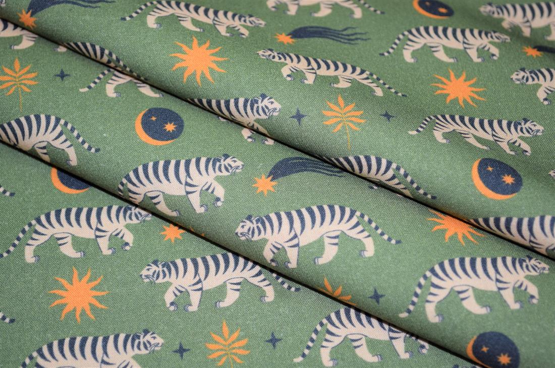 Green Little Johnny Boho Moon Tiger Cotton 100% Digital Fabric