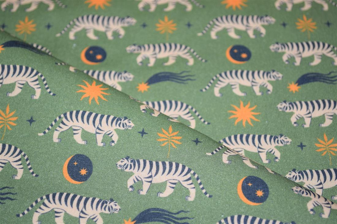 Green Little Johnny Boho Moon Tiger Cotton 100% Digital Fabric