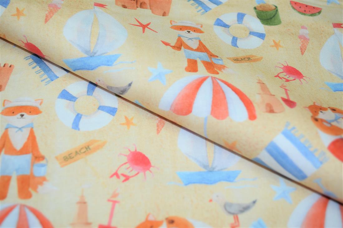 Beige Little Johnny Goes to the Beach Printed Cract 100% Cotton Day…