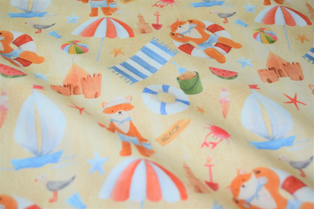 Beige Little Johnny Goes to the Beach Printed Cract 100% Cotton Day…