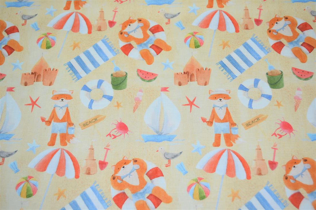 Beige Little Johnny Goes to the Beach Printed Cract 100% Cotton Day…