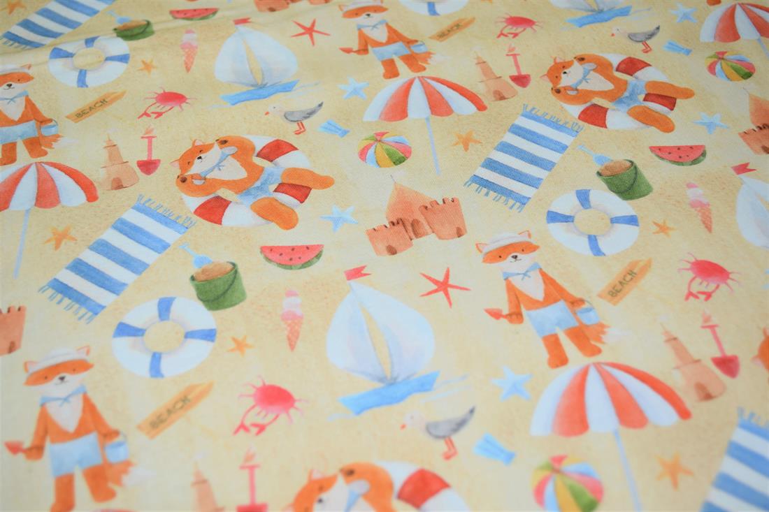 Beige Little Johnny Goes to the Beach Printed Cract 100% Cotton Day…