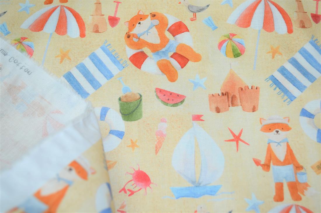 Beige Little Johnny Goes to the Beach Printed Cract 100% Cotton Day…