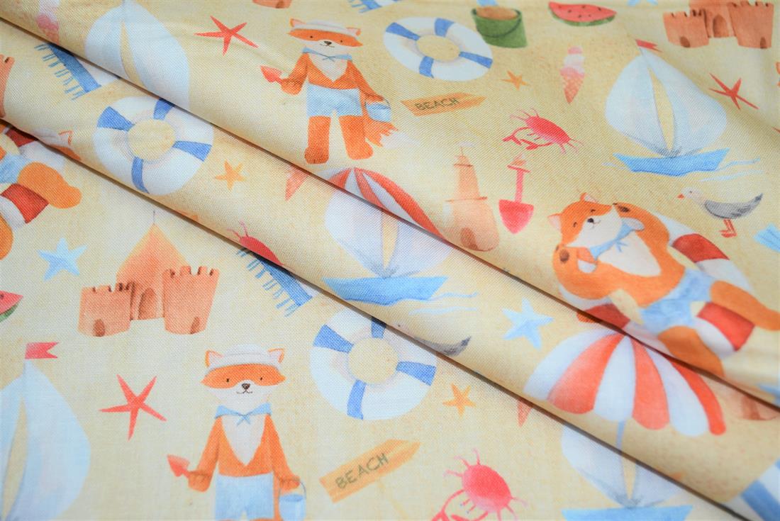 Beige Little Johnny Goes to the Beach Printed Cract 100% Cotton Day…