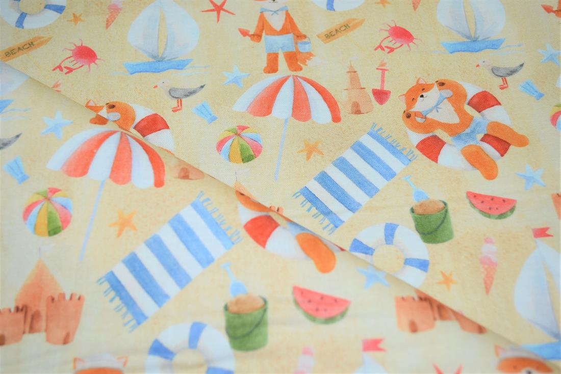 Beige Little Johnny Goes to the Beach Printed Cract 100% Cotton Day…