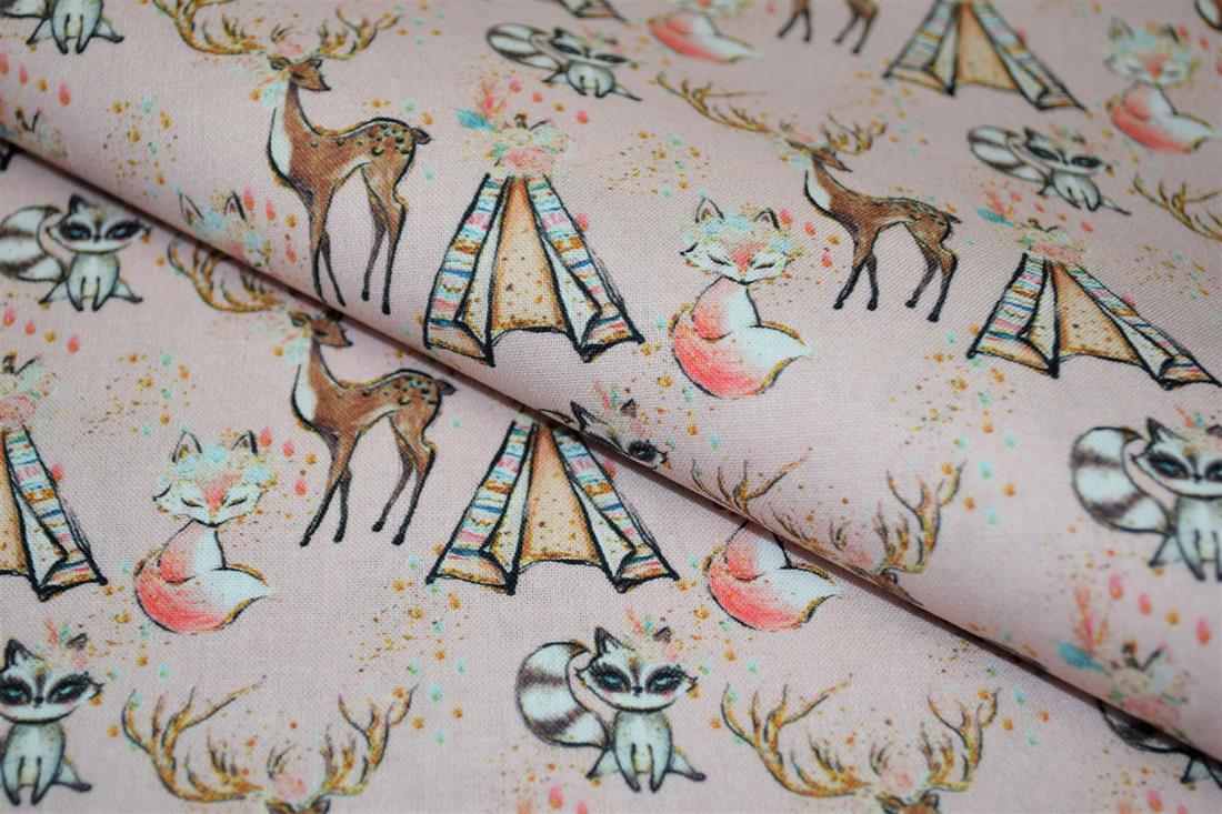 Baby Pink Animal and tipi Printed Cotton Fabric