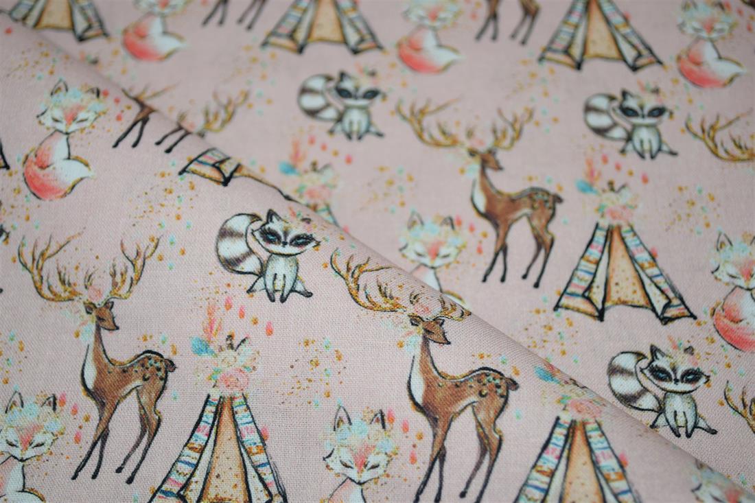 Baby Pink Animal and tipi Printed Cotton Fabric