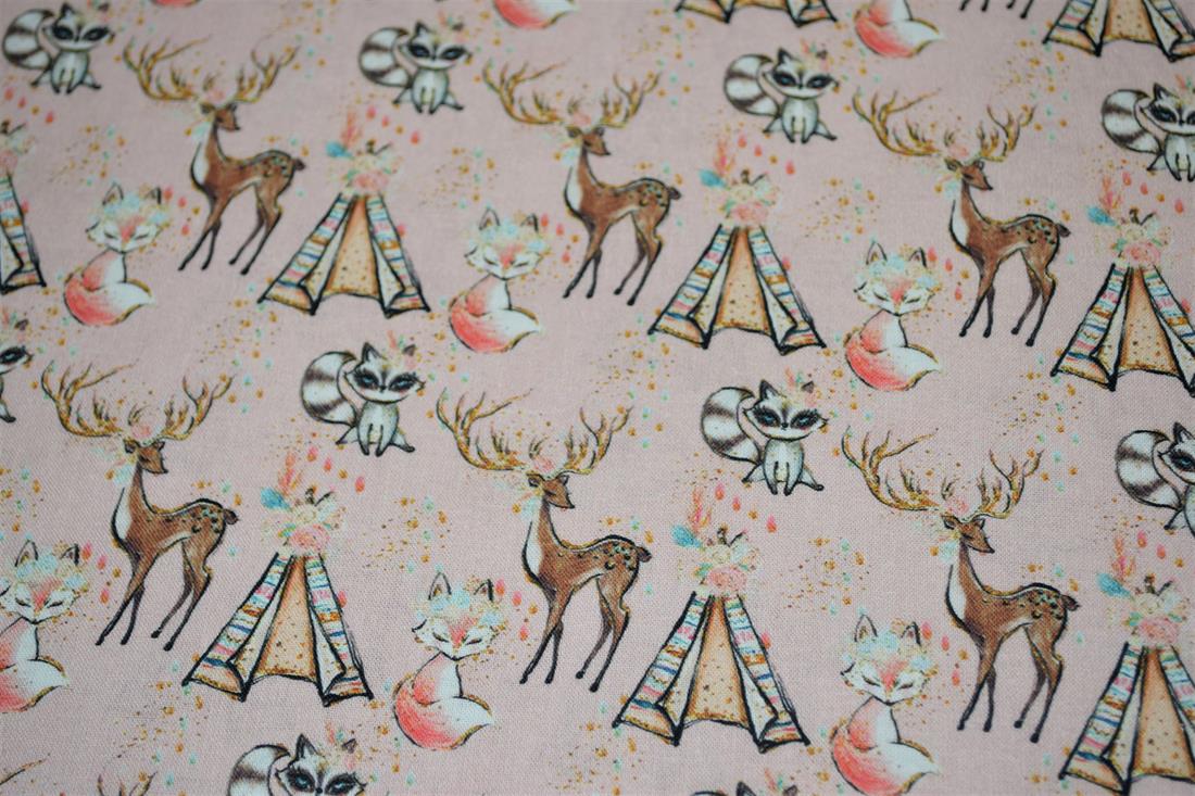 Baby Pink Animal and tipi Printed Cotton Fabric