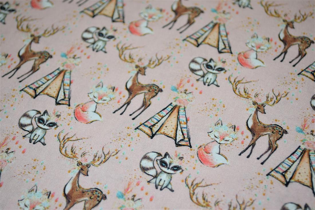 Baby Pink Animal and tipi Printed Cotton Fabric