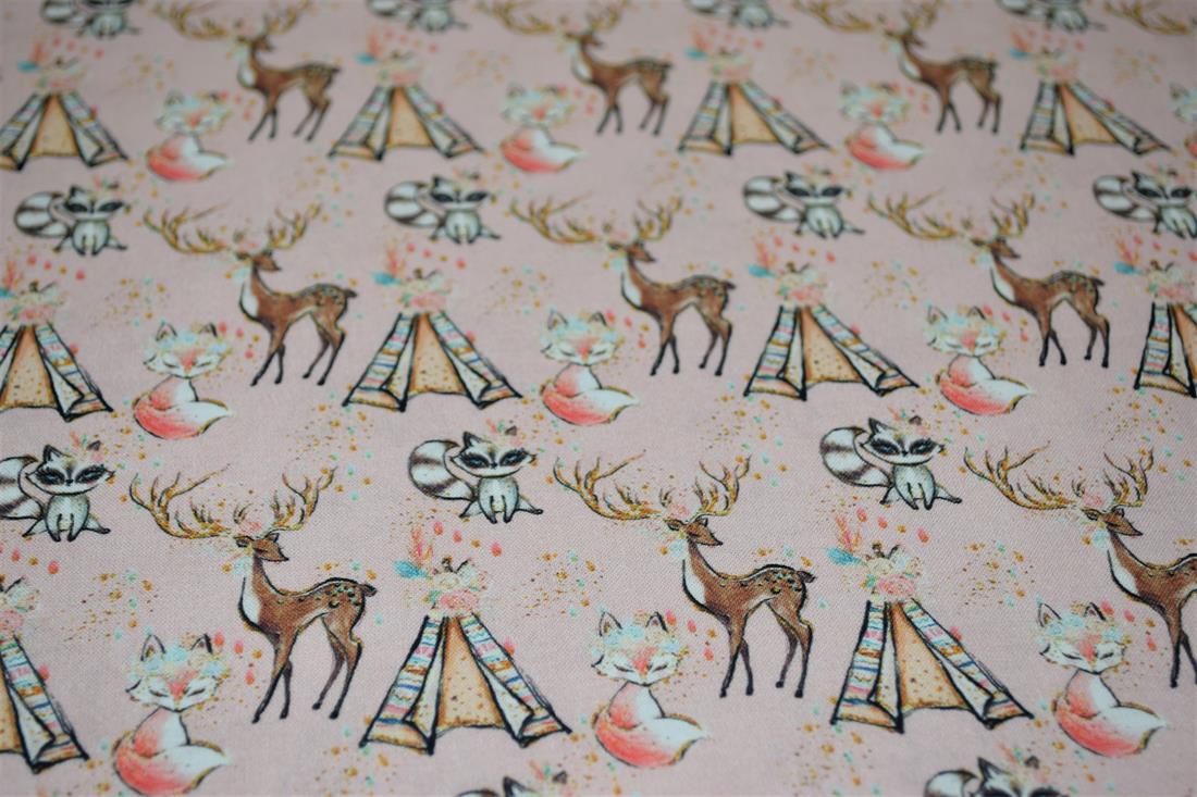 Baby Pink Animal and tipi Printed Cotton Fabric