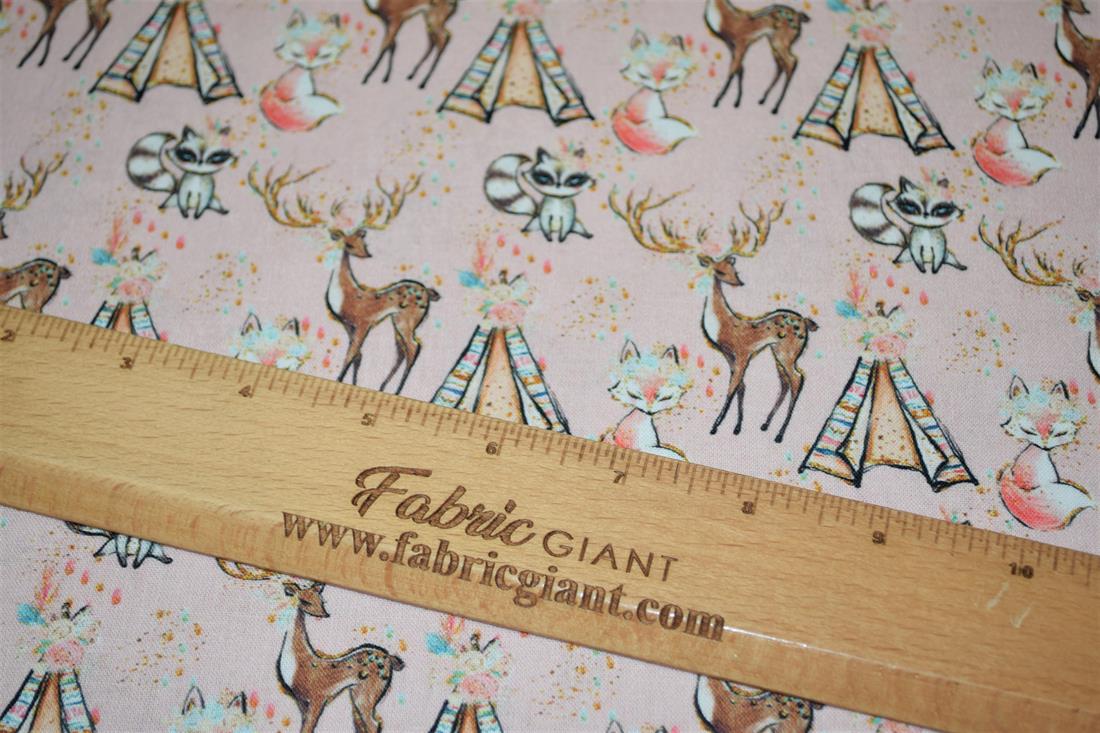 Baby Pink Animal and tipi Printed Cotton Fabric