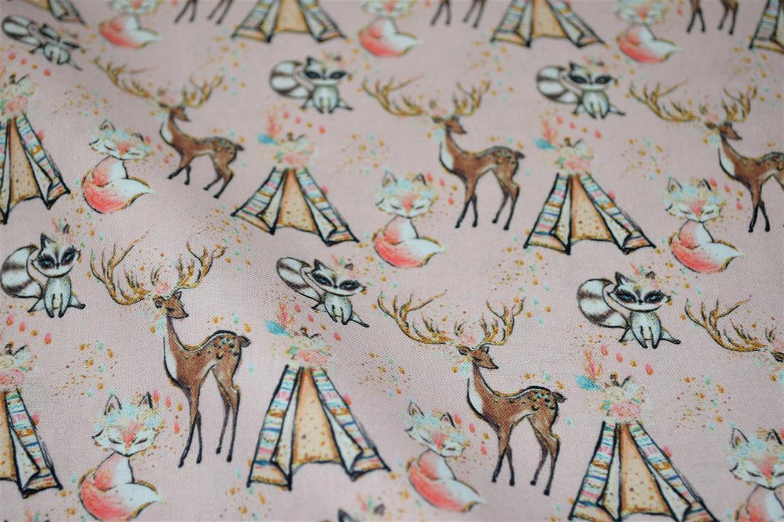 Baby Pink Animal and tipi Printed Cotton Fabric