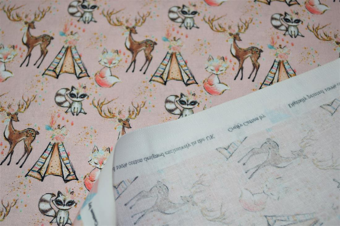 Baby Pink Animal and tipi Printed Cotton Fabric