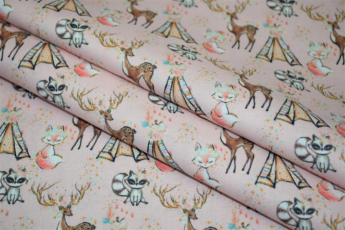 Baby Pink Animal and tipi Printed Cotton Fabric