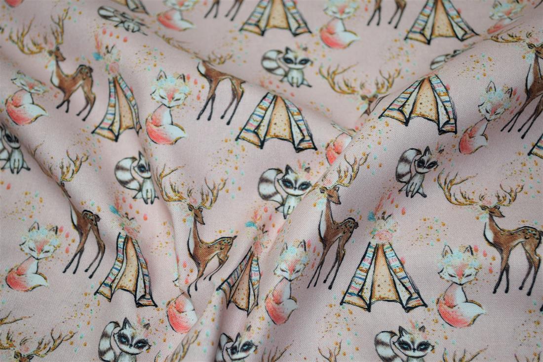 Baby Pink Animal and tipi Printed Cotton Fabric