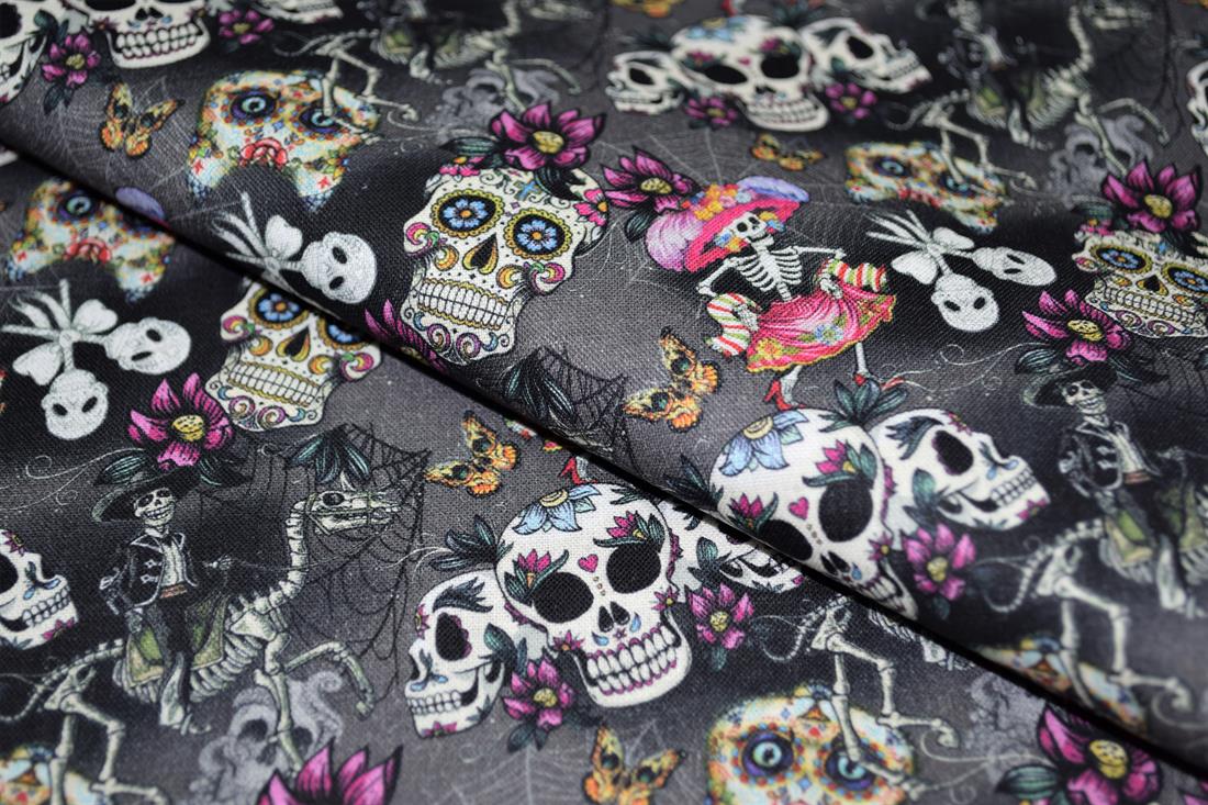 Black Printed 100% Cotton Sugar Skull Fabric