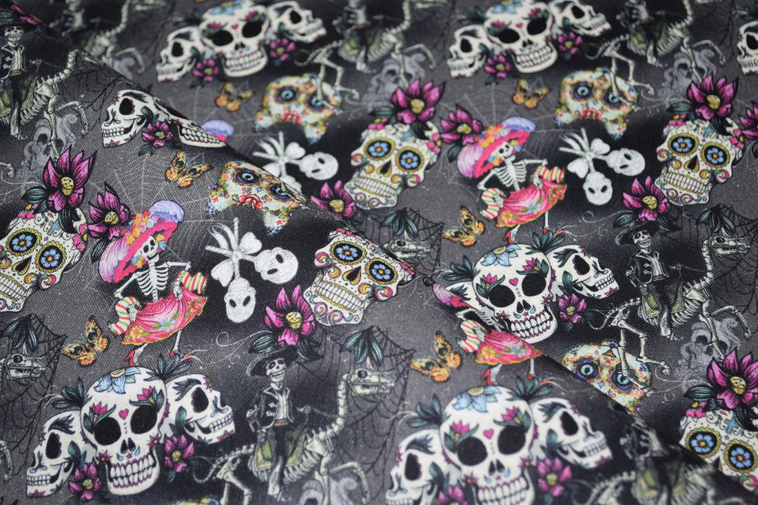 Black Printed 100% Cotton Sugar Skull Fabric
