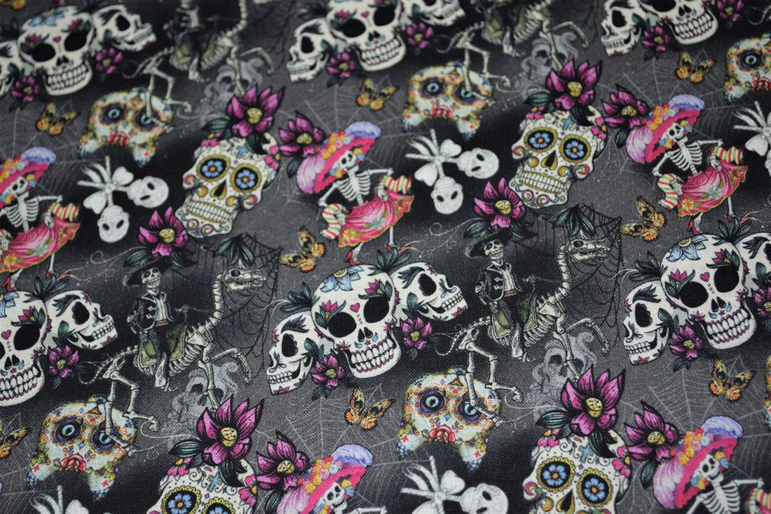 Black Printed 100% Cotton Sugar Skull Fabric