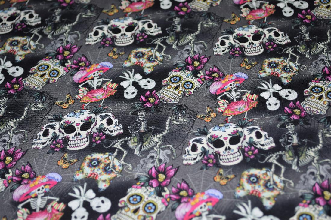 Black Printed 100% Cotton Sugar Skull Fabric