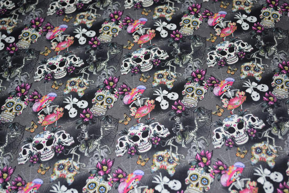 Black Printed 100% Cotton Sugar Skull Fabric