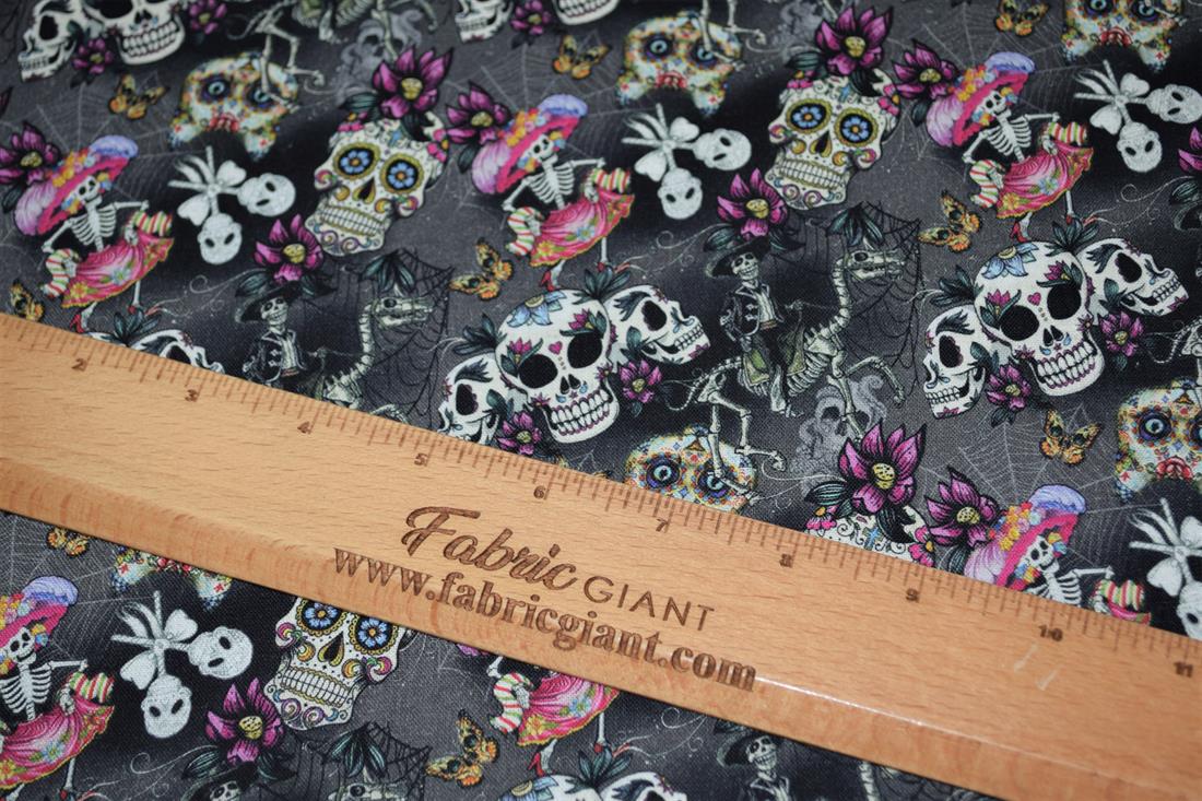 Black Printed 100% Cotton Sugar Skull Fabric