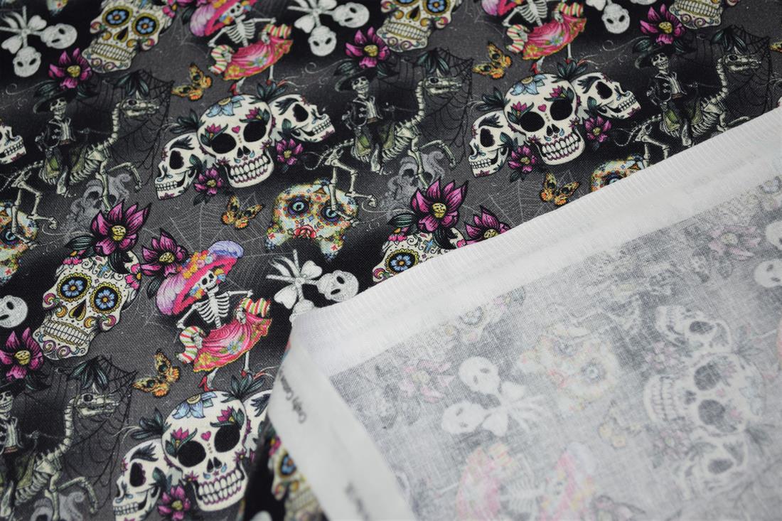 Black Printed 100% Cotton Sugar Skull Fabric