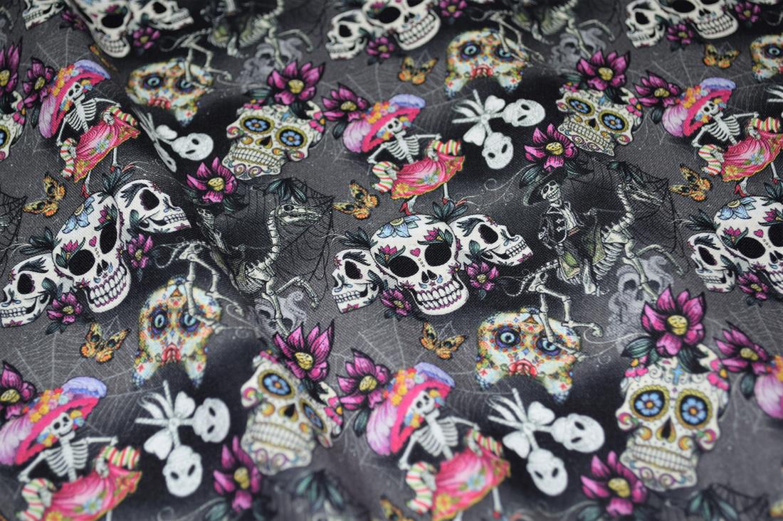 Black Printed 100% Cotton Sugar Skull Fabric