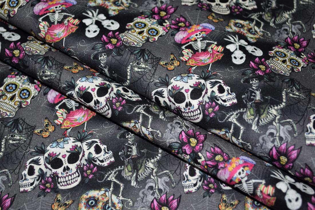 Black Printed 100% Cotton Sugar Skull Fabric