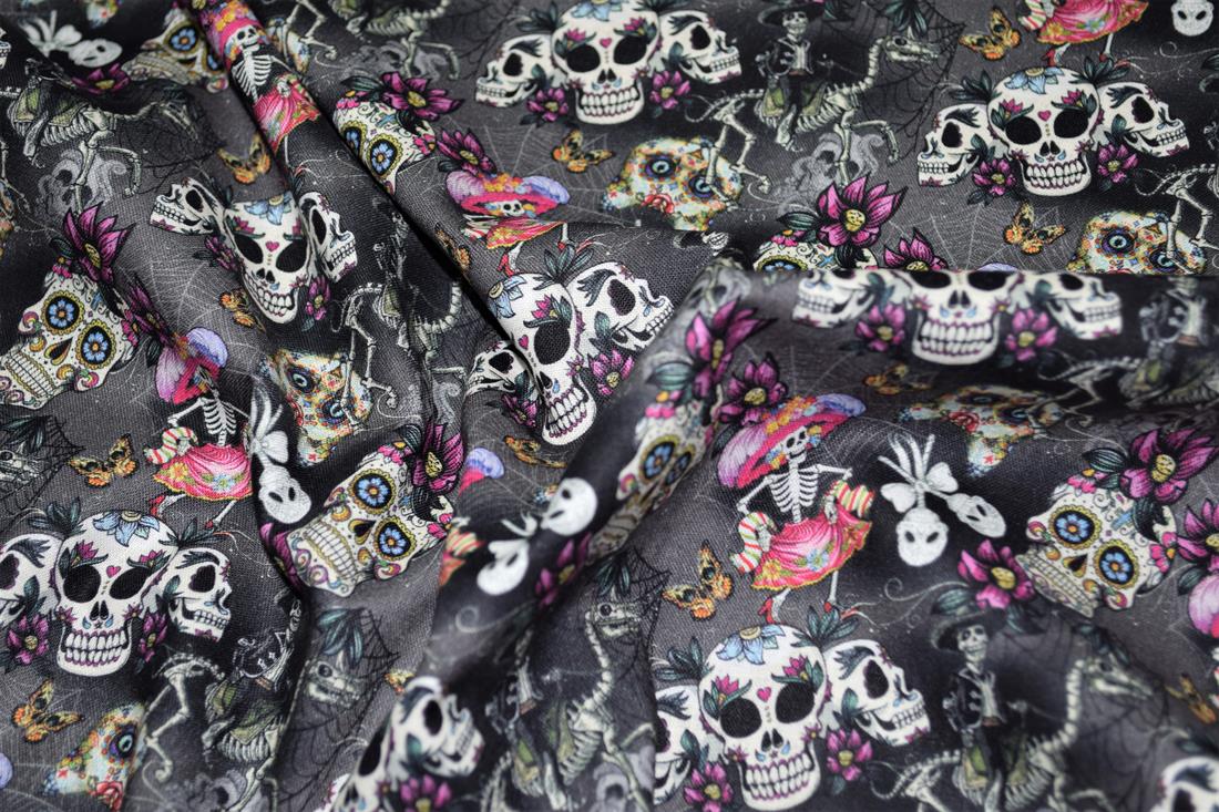 Black Printed 100% Cotton Sugar Skull Fabric
