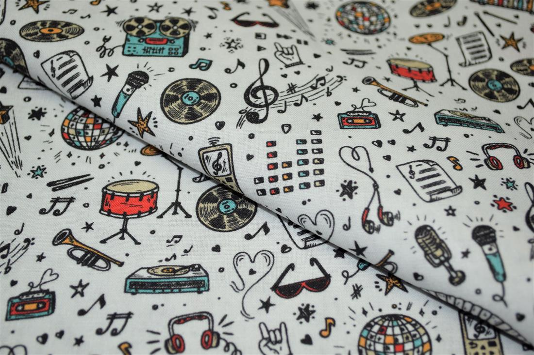 White School Days Printed 100% Cotton Music Fabric