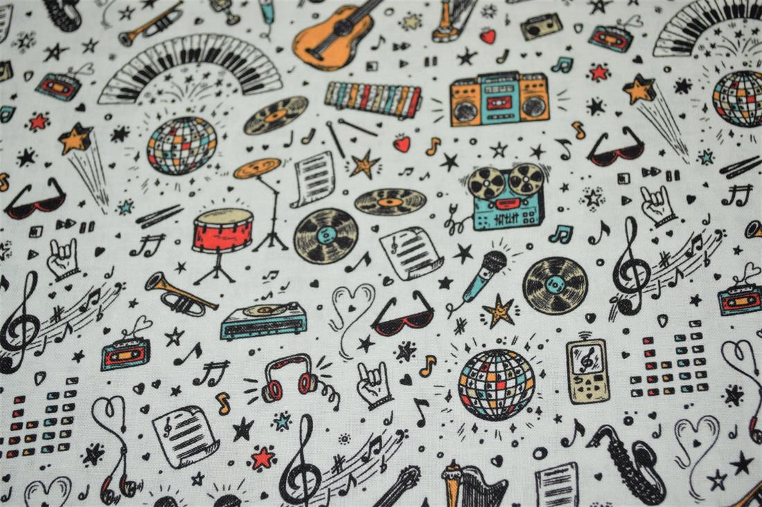 White School Days Printed 100% Cotton Music Fabric