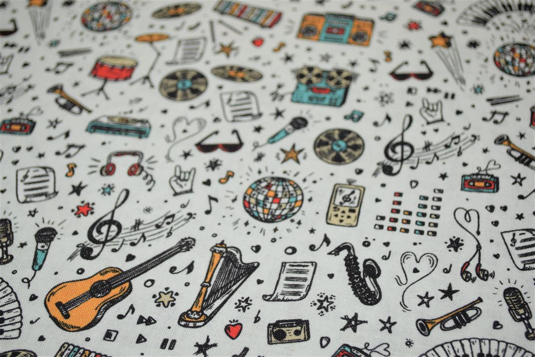 White School Days Printed 100% Cotton Music Fabric