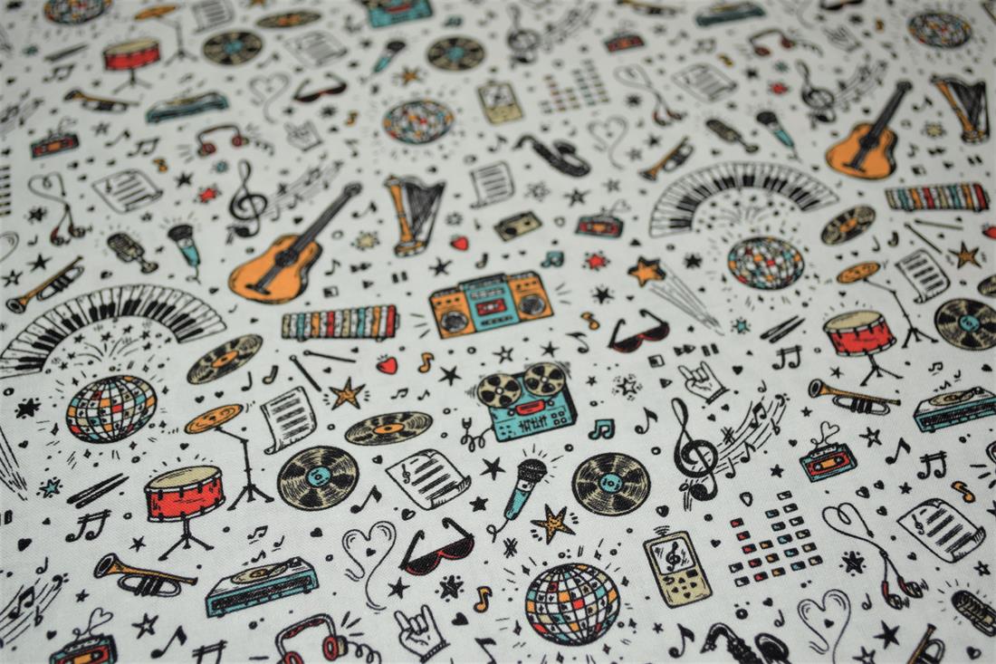 White School Days Printed 100% Cotton Music Fabric
