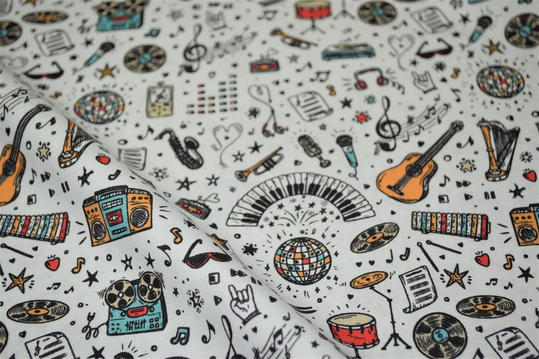 White School Days Printed 100% Cotton Music Fabric