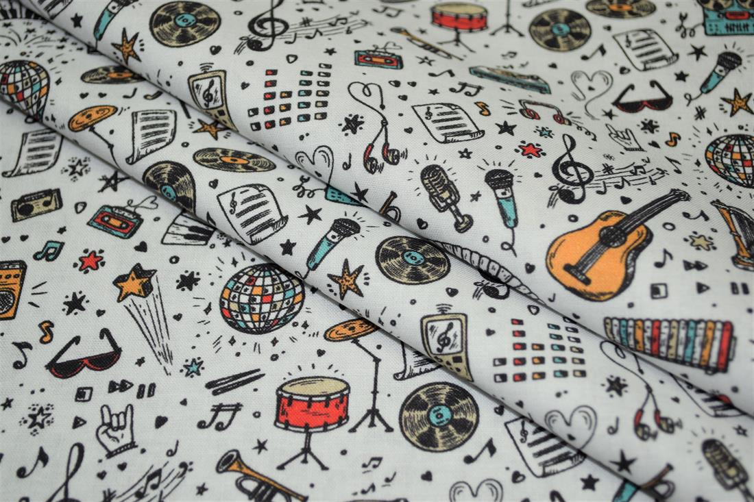 White School Days Printed 100% Cotton Music Fabric