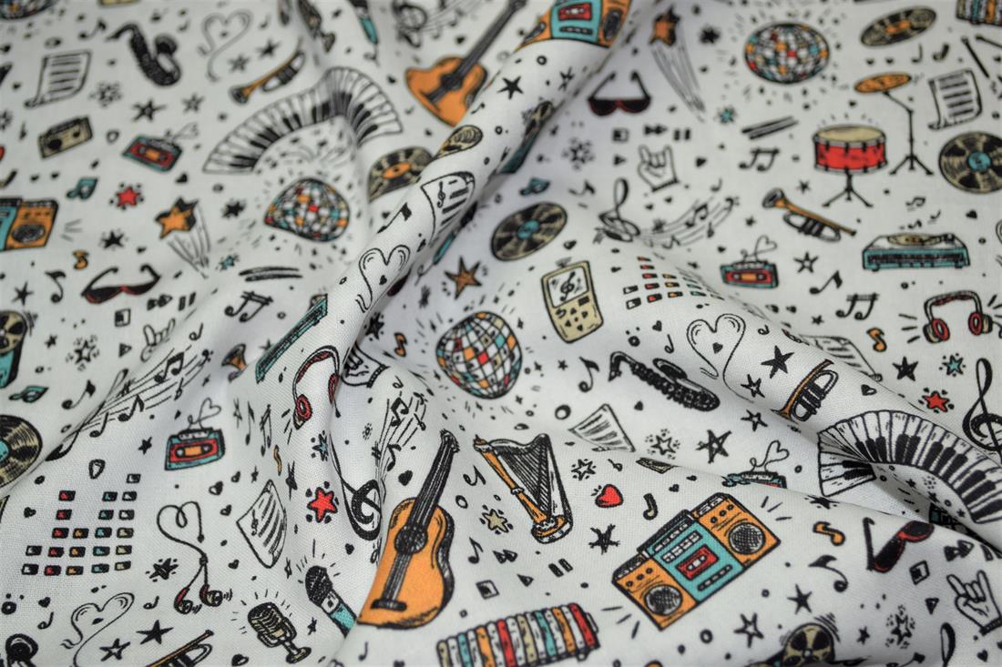 White School Days Printed 100% Cotton Music Fabric
