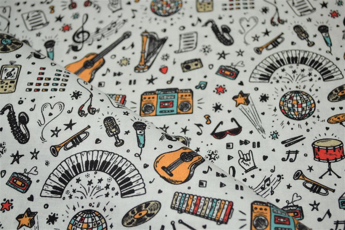 White School Days Printed 100% Cotton Music Fabric