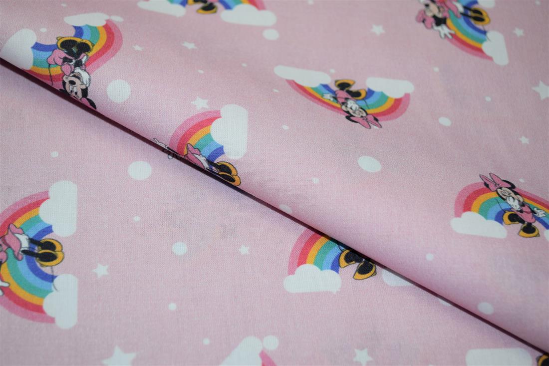 Pink Printed 100% Cotton, Minnie Mouse Rainbow Print