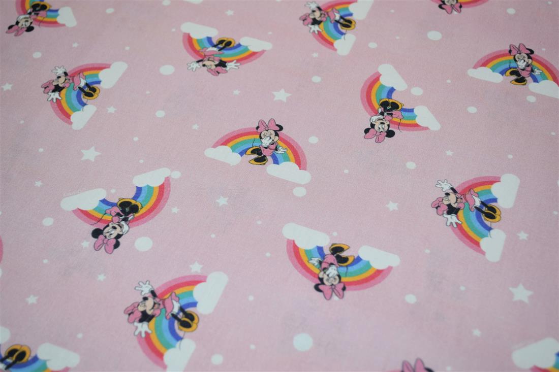 Pink Printed 100% Cotton, Minnie Mouse Rainbow Print