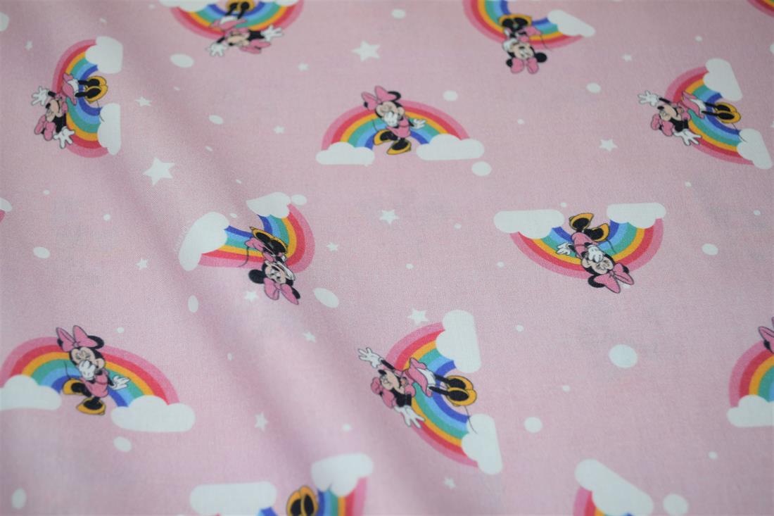 Pink Printed 100% Cotton, Minnie Mouse Rainbow Print