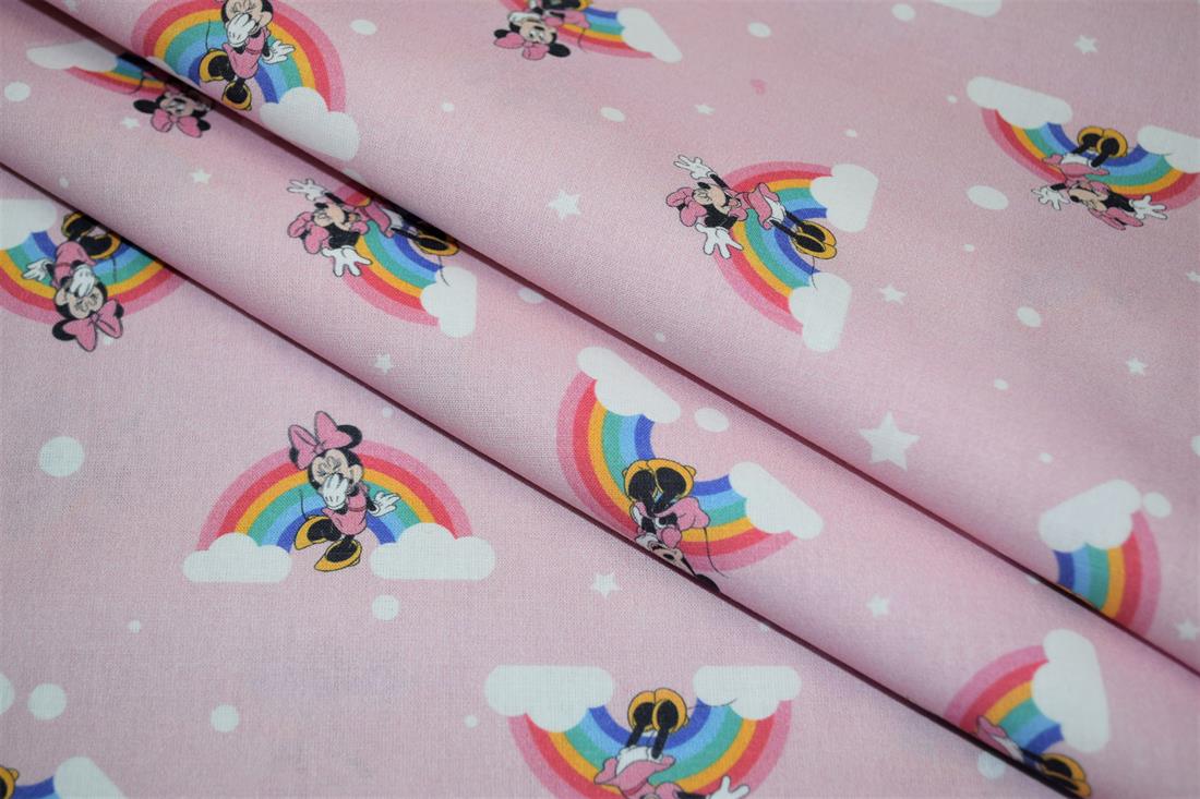 Pink Printed 100% Cotton, Minnie Mouse Rainbow Print