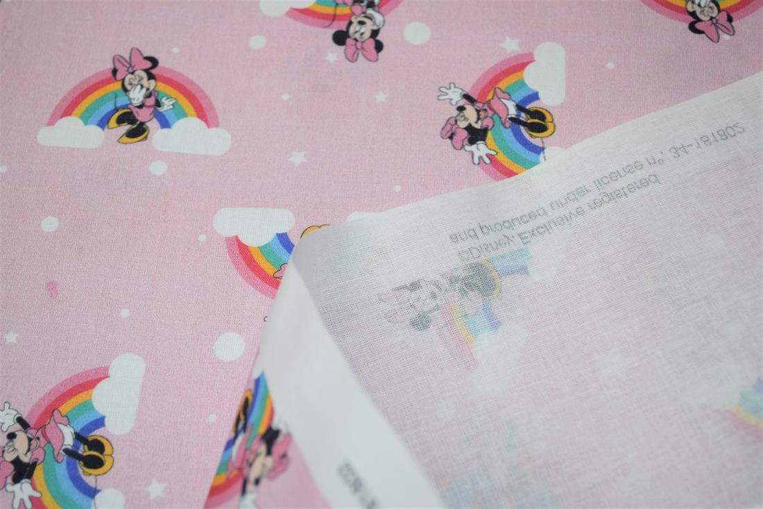 Pink Printed 100% Cotton, Minnie Mouse Rainbow Print