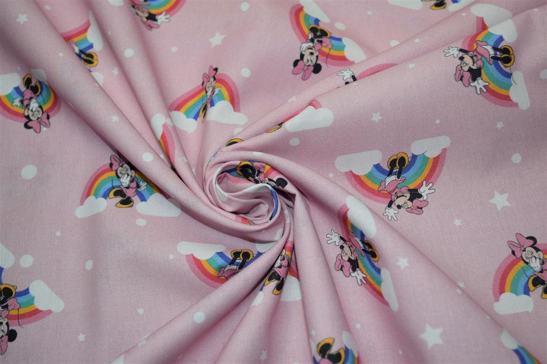 Pink Printed 100% Cotton, Minnie Mouse Rainbow Print