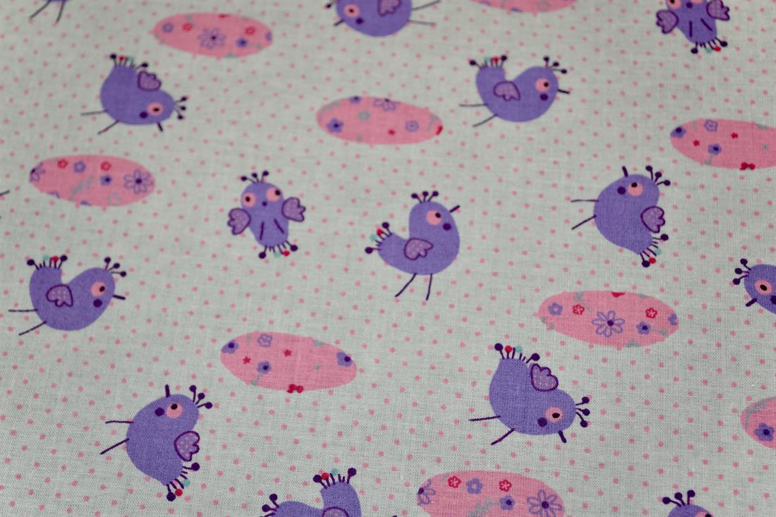 White & Lilac Printed 100% Cotton Birds and Eggs Fabric