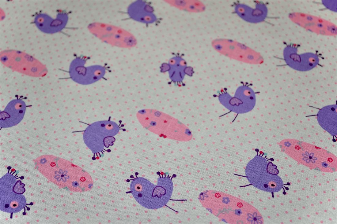 White & Lilac Printed 100% Cotton Birds and Eggs Fabric
