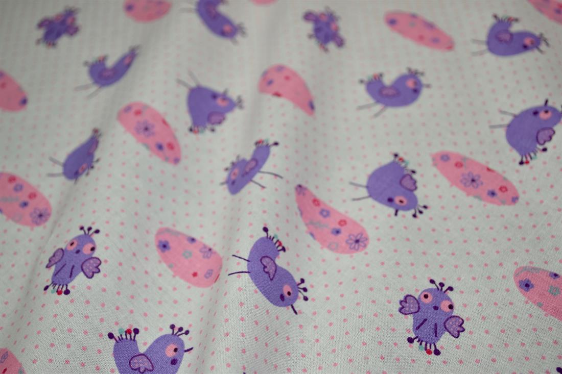 White & Lilac Printed 100% Cotton Birds and Eggs Fabric