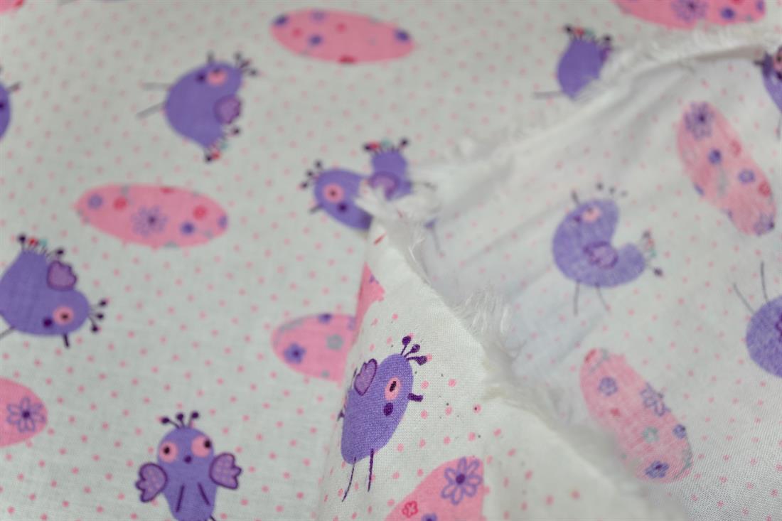 White & Lilac Printed 100% Cotton Birds and Eggs Fabric