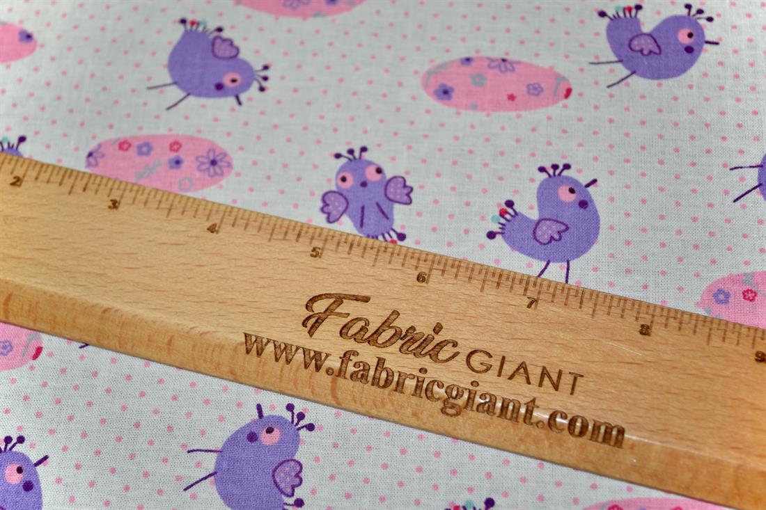 White & Lilac Printed 100% Cotton Birds and Eggs Fabric