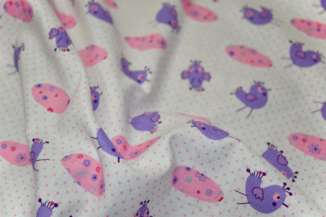 White & Lilac Printed 100% Cotton Birds and Eggs Fabric
